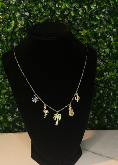 Tropical island charm necklace with palm, sun and pineapple